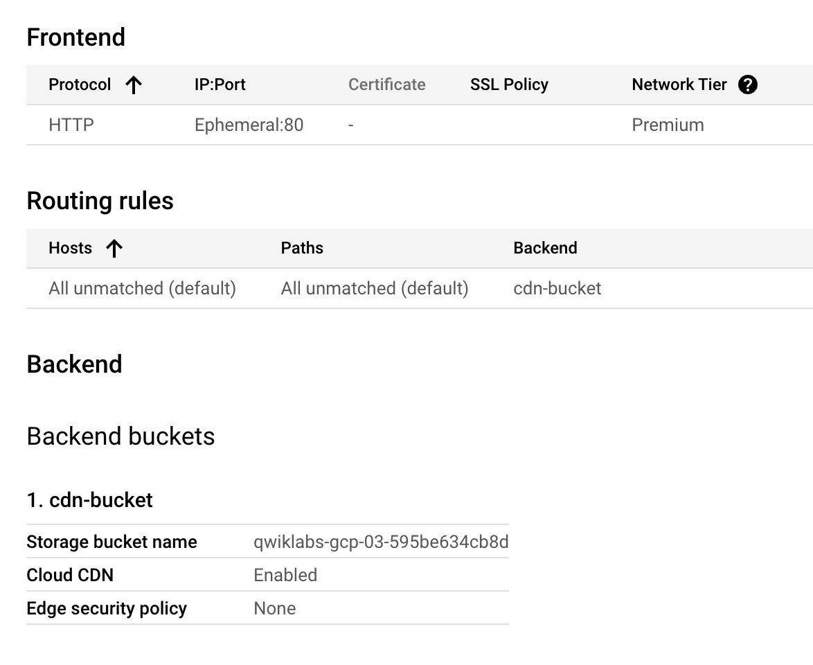 The frontend protocol: http, IP port: 80, and the backend cdn-bucket with Cloud CDN enabled