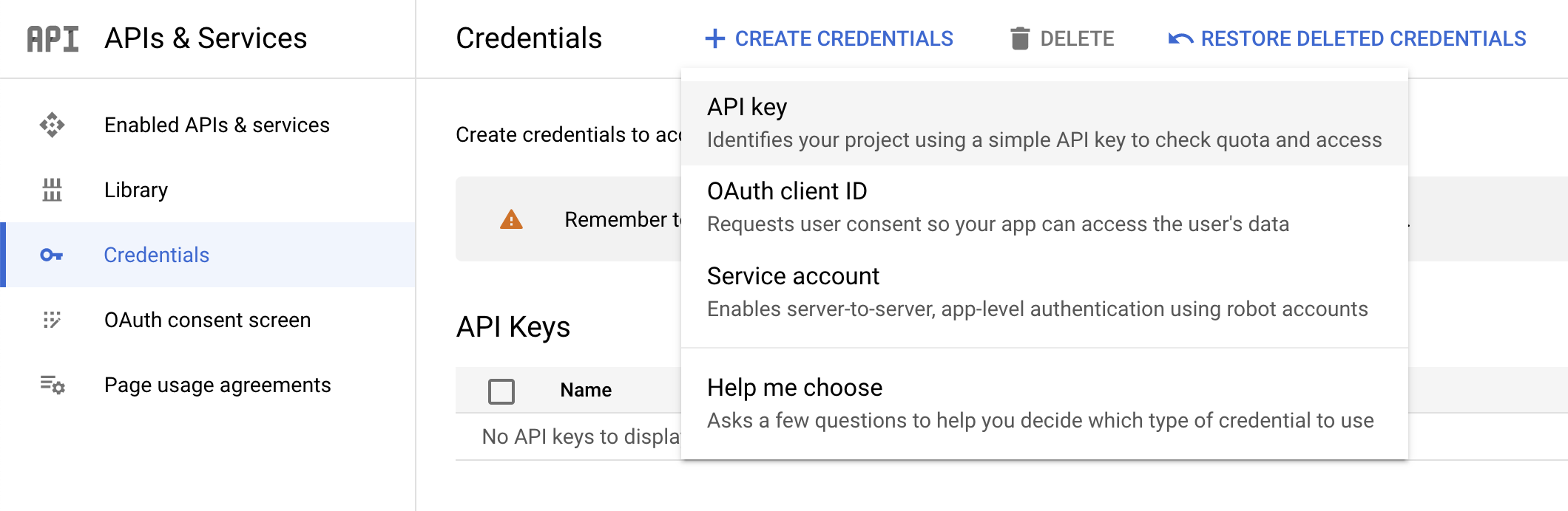 Create Credentials page displaying API key option