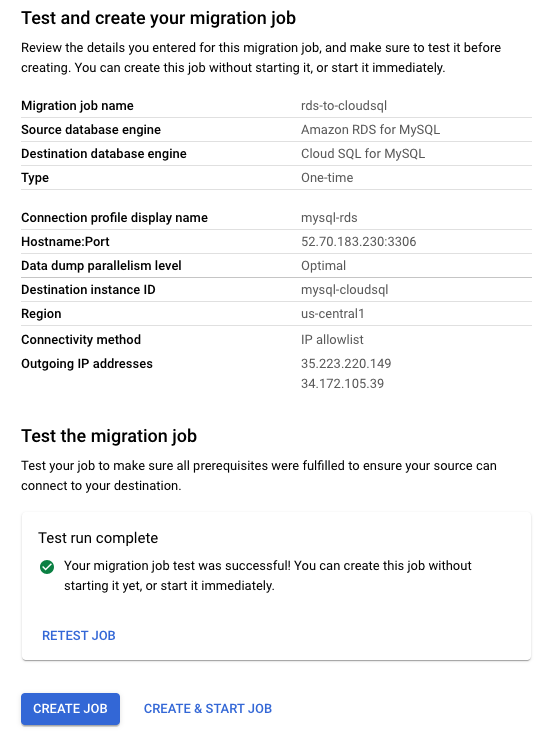 Test and create your migration dialog box with Create and start job button highlighted