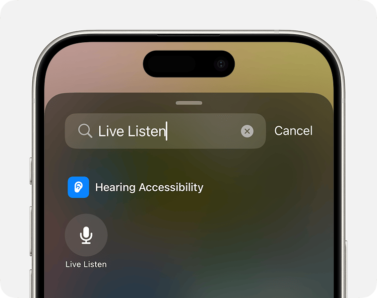 Търсене на „Live Listen“ (Слушане на живо) в Control Center (Контролен център) на iPhone.