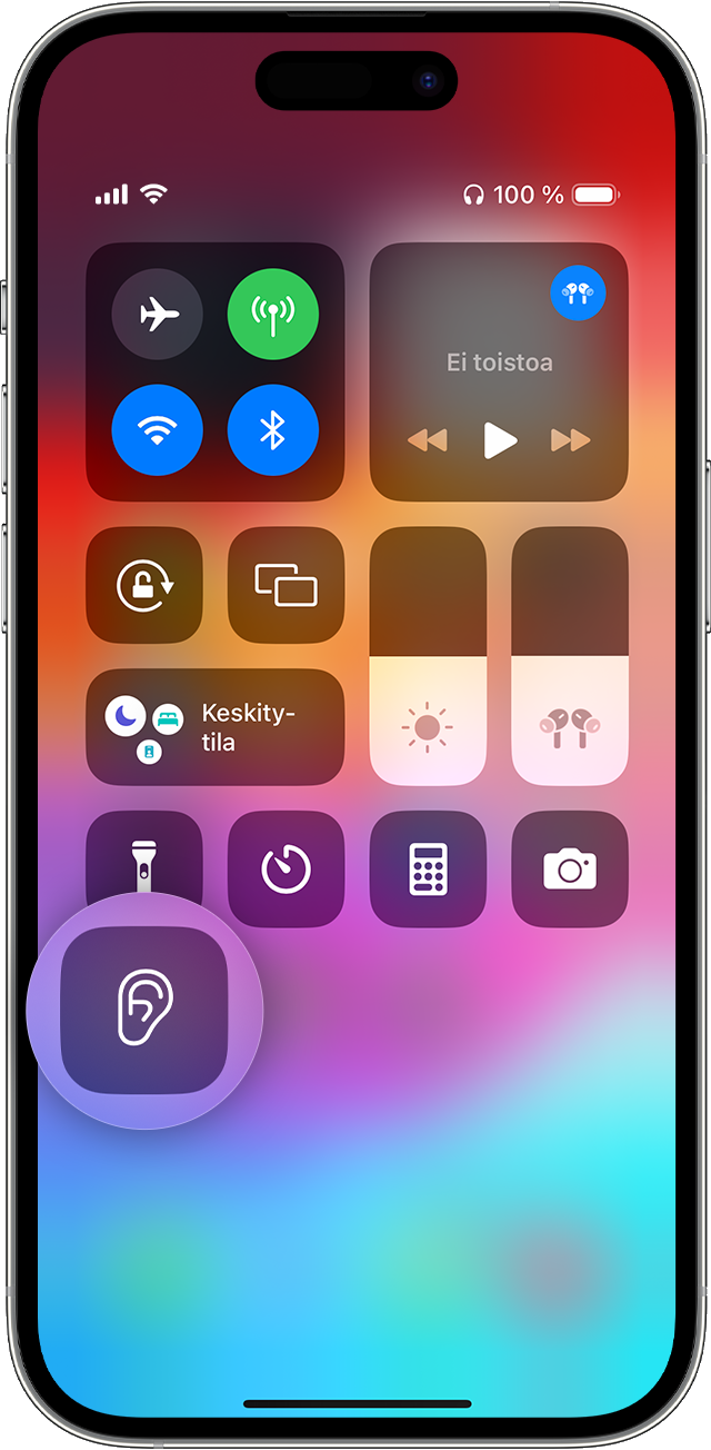iOS:n Ohjauskeskus, jossa näkyy Kuulo