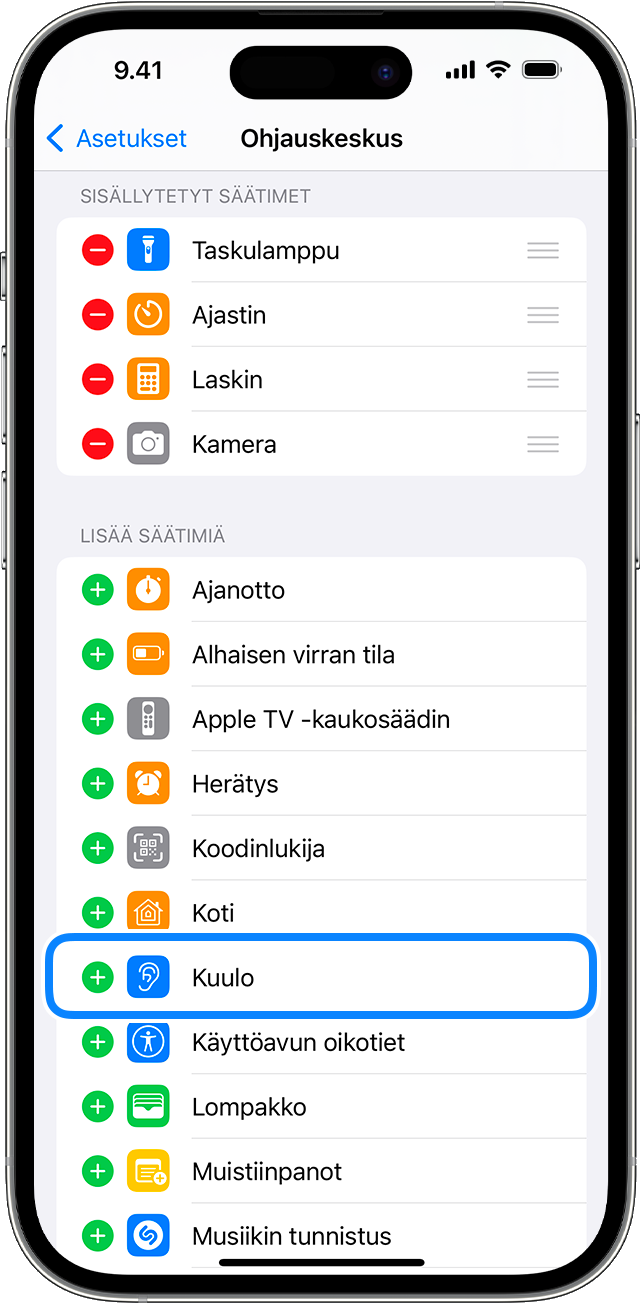 iOS:n Ohjauskeskuksen asetukset