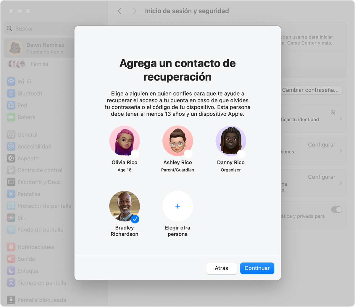 Una pantalla de Mac en la que se muestran los contactos que puedes agregar como contacto de recuperación