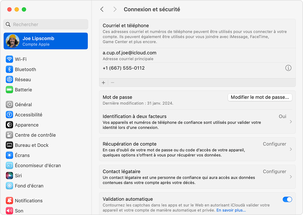 Dans les réglages du compte Apple sur Mac, trouvez les adresses courriel et les numéros de téléphone que vous pouvez utiliser pour vous connecter à votre compte Apple