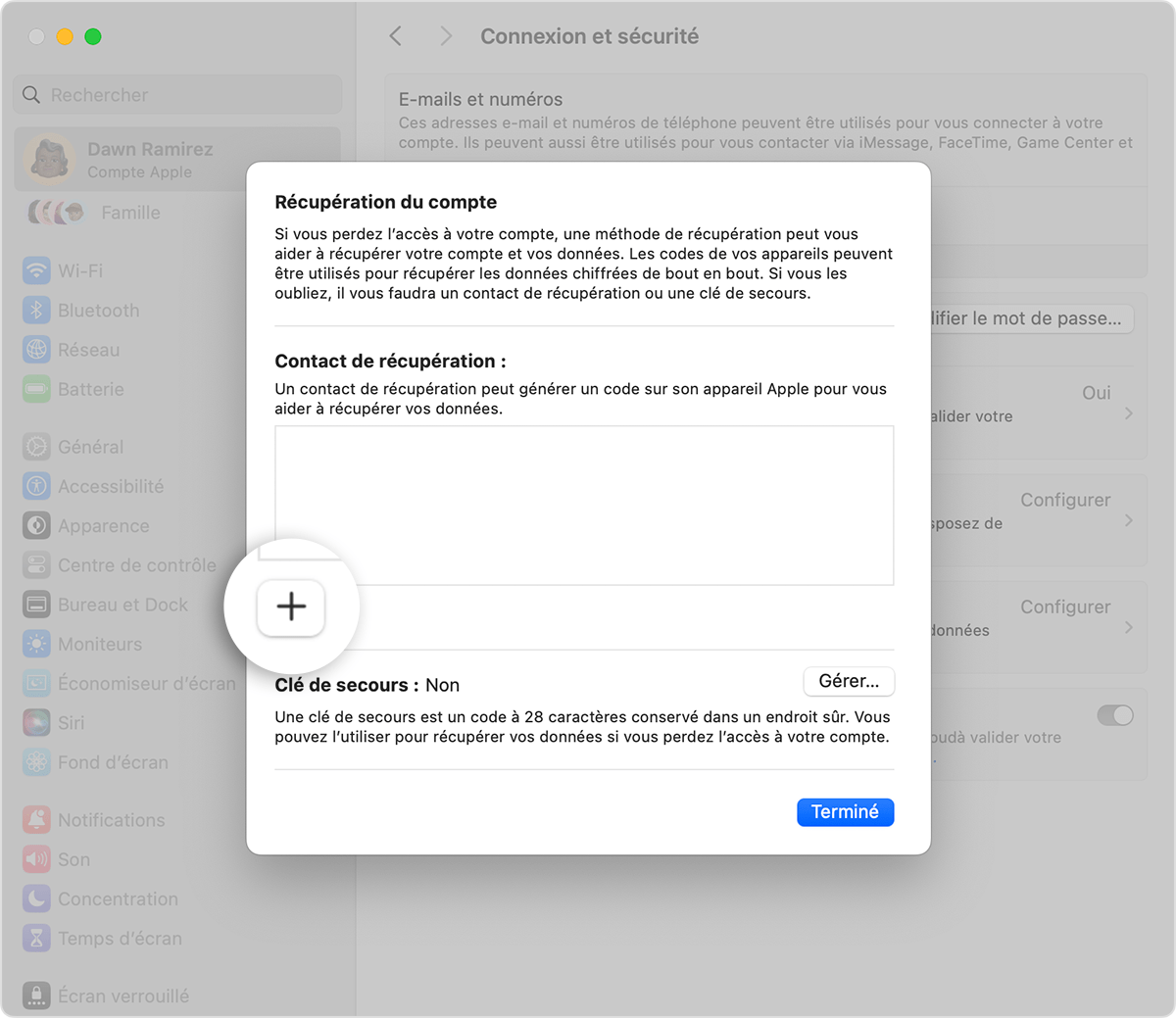 Écran d’un Mac montrant comment ajouter un contact de récupération