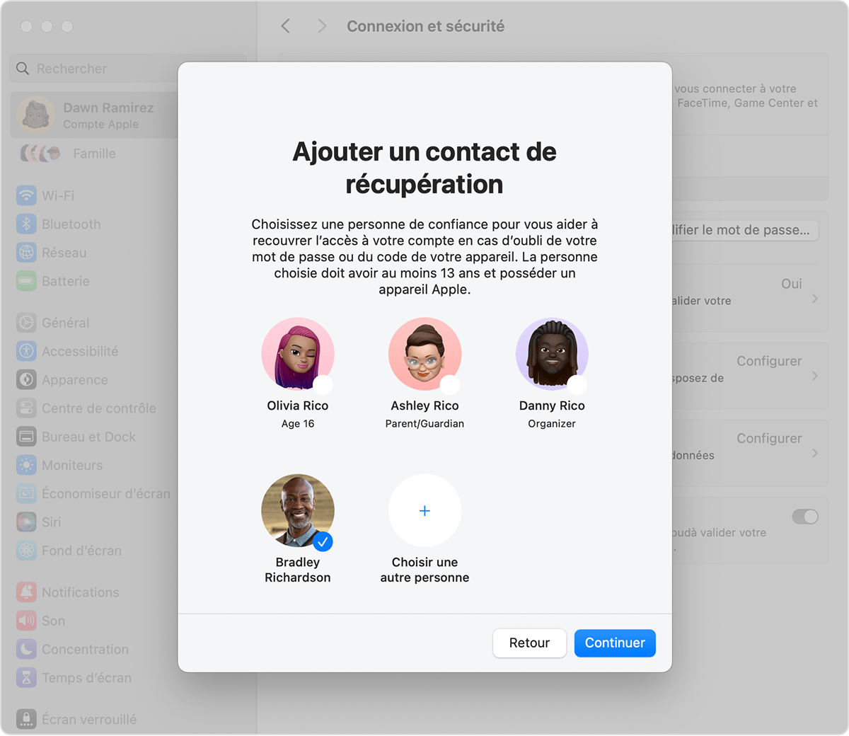 Écran d’un Mac montrant les contacts que vous pouvez ajouter en tant que contact de récupération