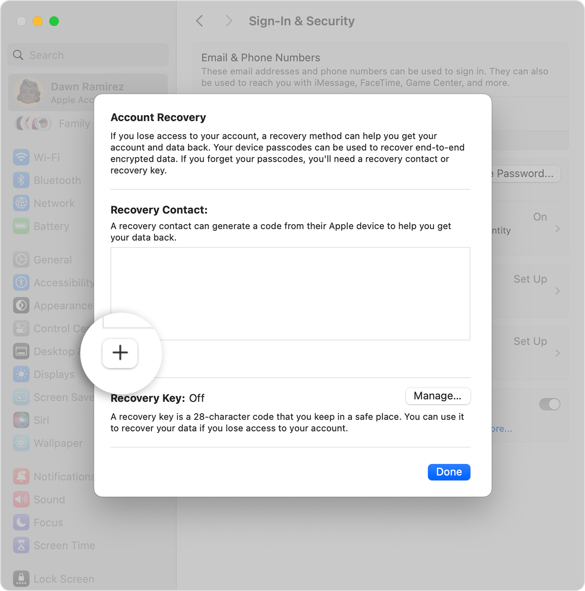 Mac screen showing how to add a Recovery Contact