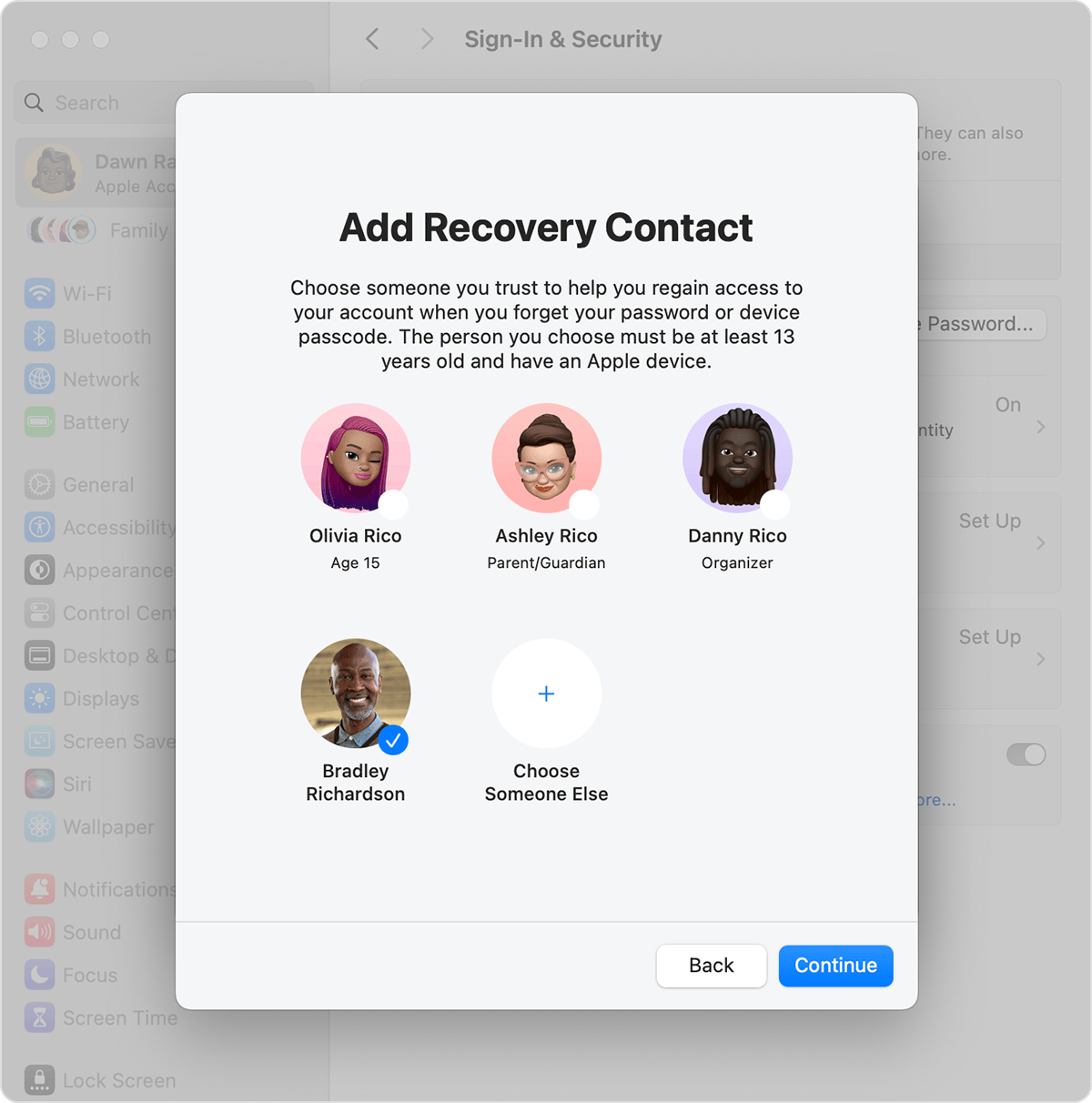 Mac screen showing contacts you can add as a Recovery Contact