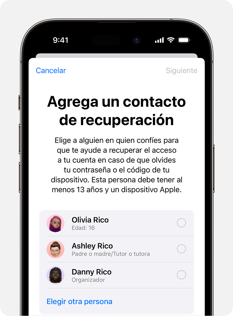 Una pantalla de iPhone en la que se muestran los contactos que puedes agregar como contacto de recuperación