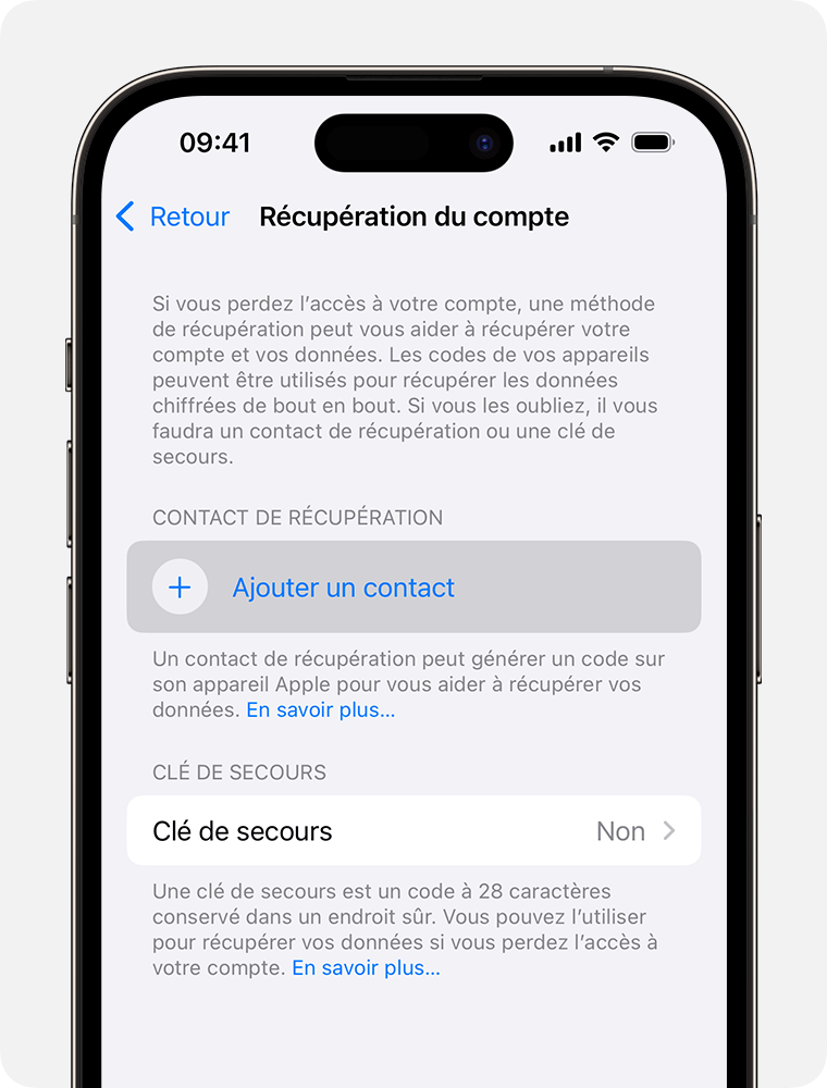 Écran d’iPhone montrant comment ajouter un contact de récupération