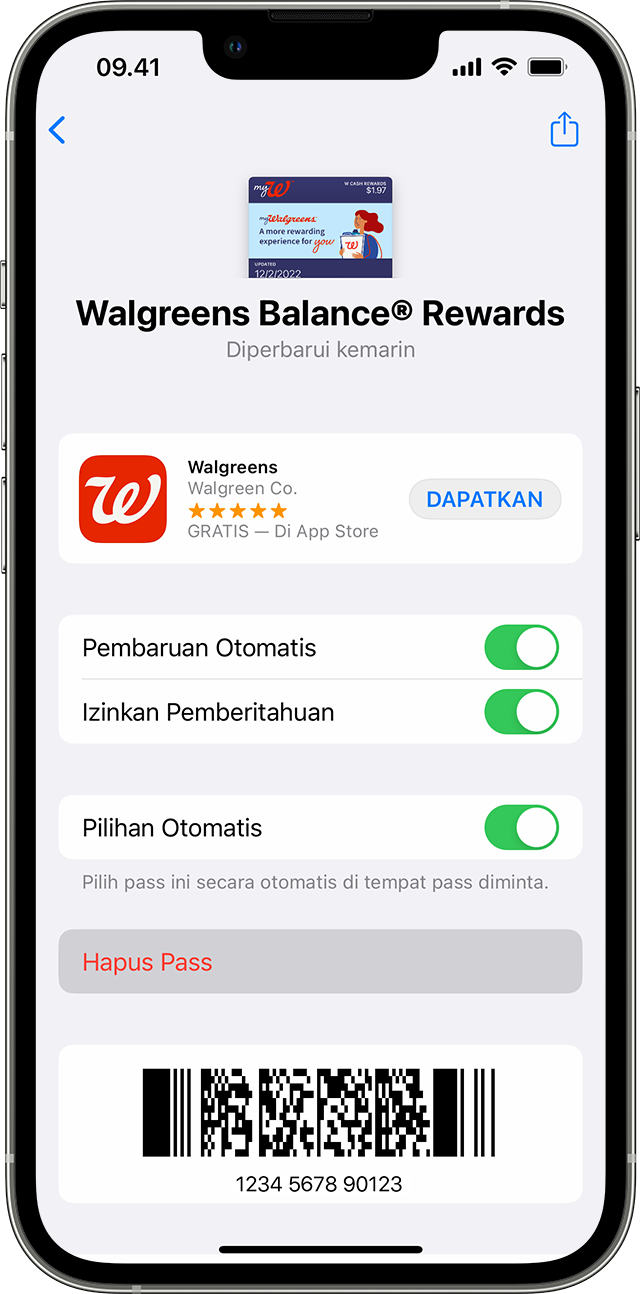 Pass kartu hadiah di app Dompet