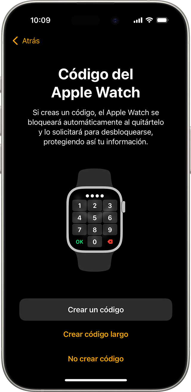 Un iPhone en el que se muestra la pantalla de configuración del código del Apple Watch