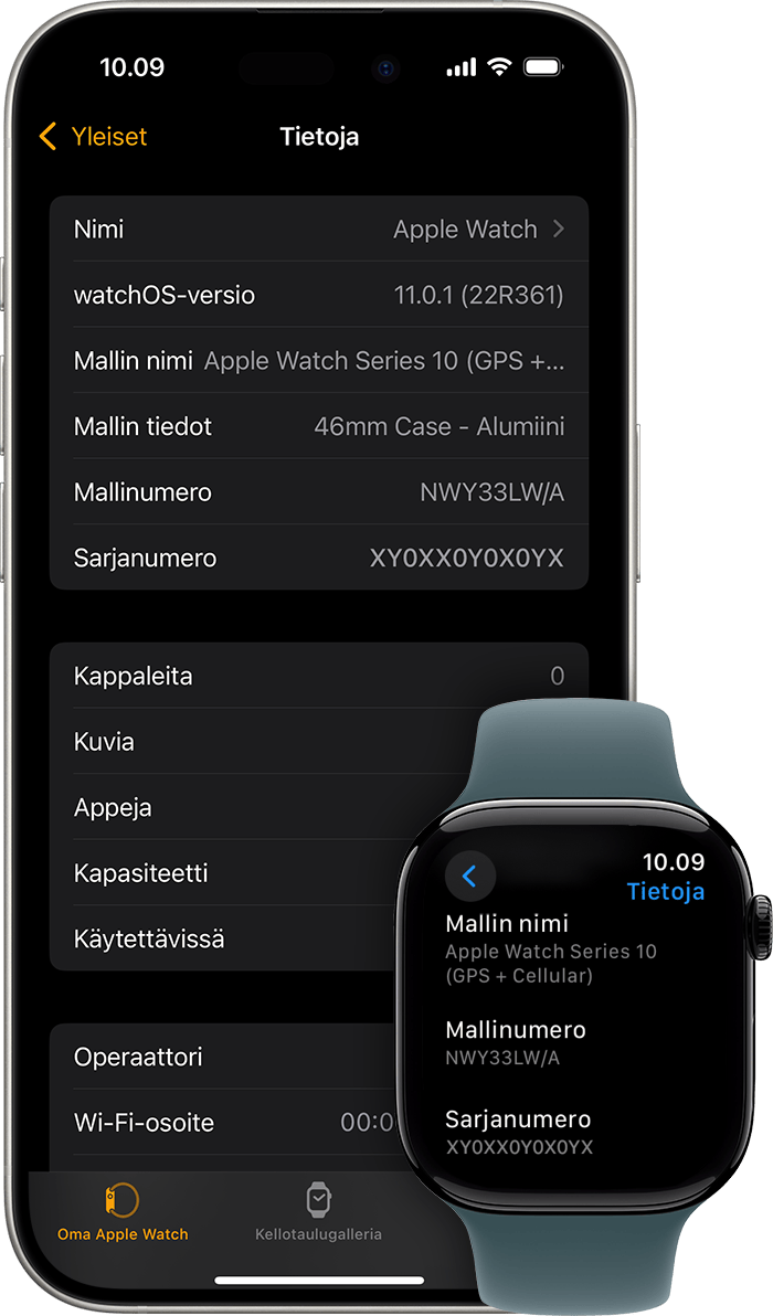 iPhone ja Apple Watch, joissa näkyy Tietoja-näyttö ja sarjanumero