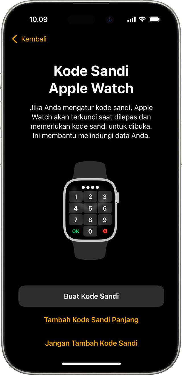 iPhone menampilkan layar pengaturan kode sandi Apple Watch