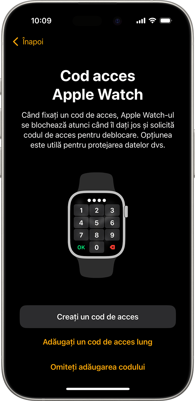 Dispozitiv iPhone afișând ecranul de configurare a codului de acces pentru Apple Watch