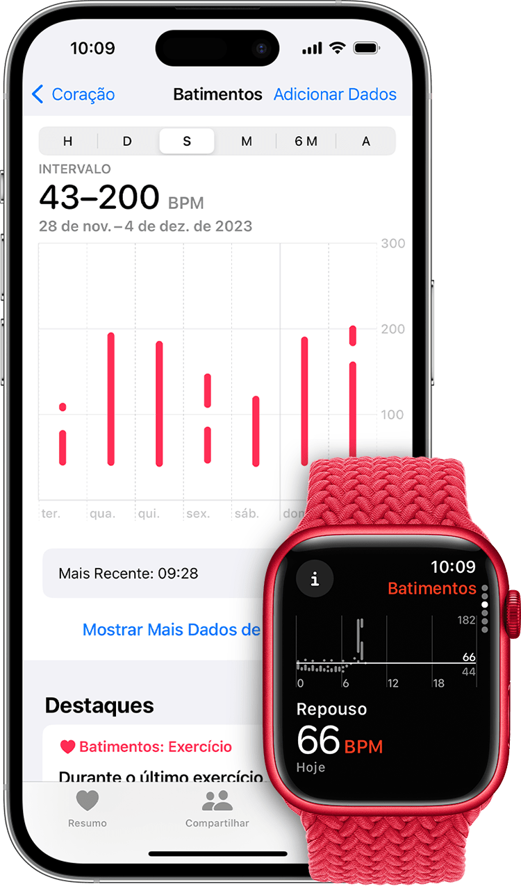 Um iPhone exibe um gráfico com os dados de frequência cardíaca da semana e um Apple Watch exibe uma frequência cardíaca em repouso de 57 batimentos por minuto.