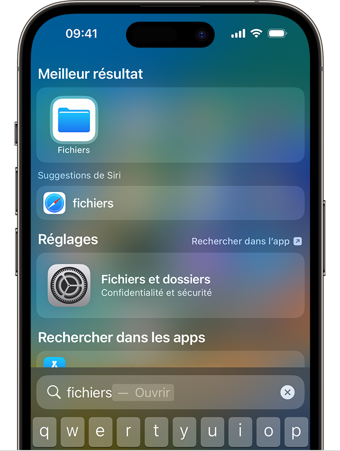 Une image de Rechercher sur un iPhone. L’icône de l’app Fichiers est répertoriée sous Meilleur résultat en haut de l’écran.