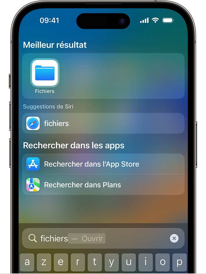 Image de l’écran de recherche sur un iPhone. L’icône de l’app Fichiers apparaît sous la section Meilleur résultat située en haut de l’écran.