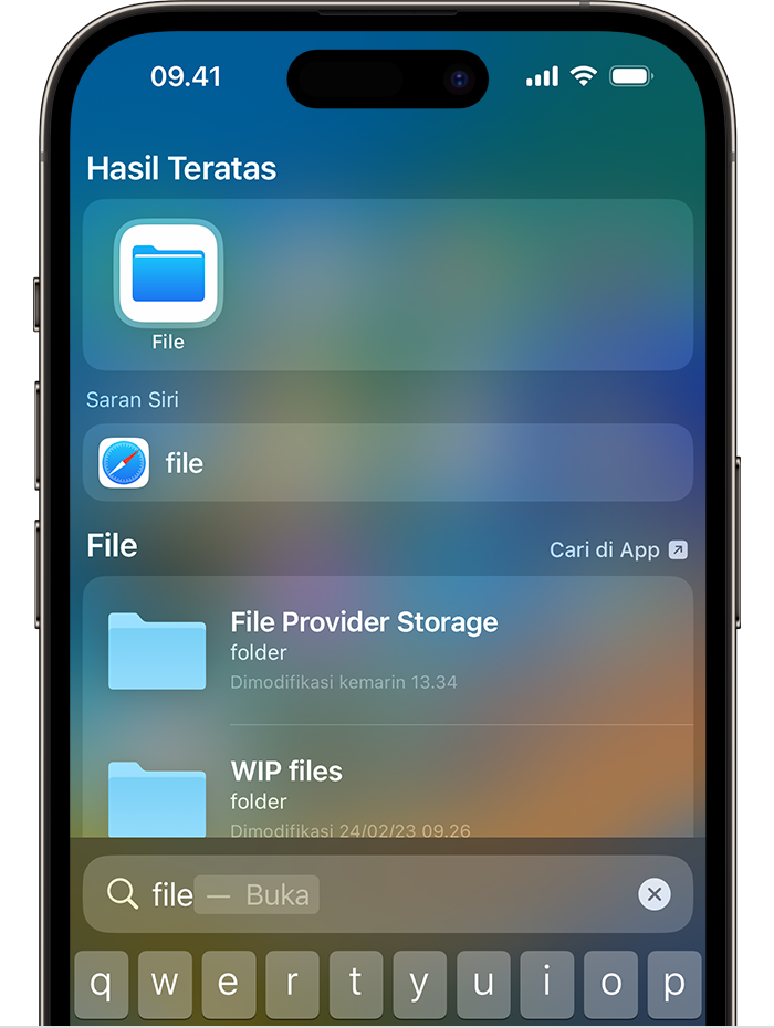 Gambar Pencarian di iPhone. Ikon app File akan muncul sebagai Hasil Teratas di bagian atas layar.