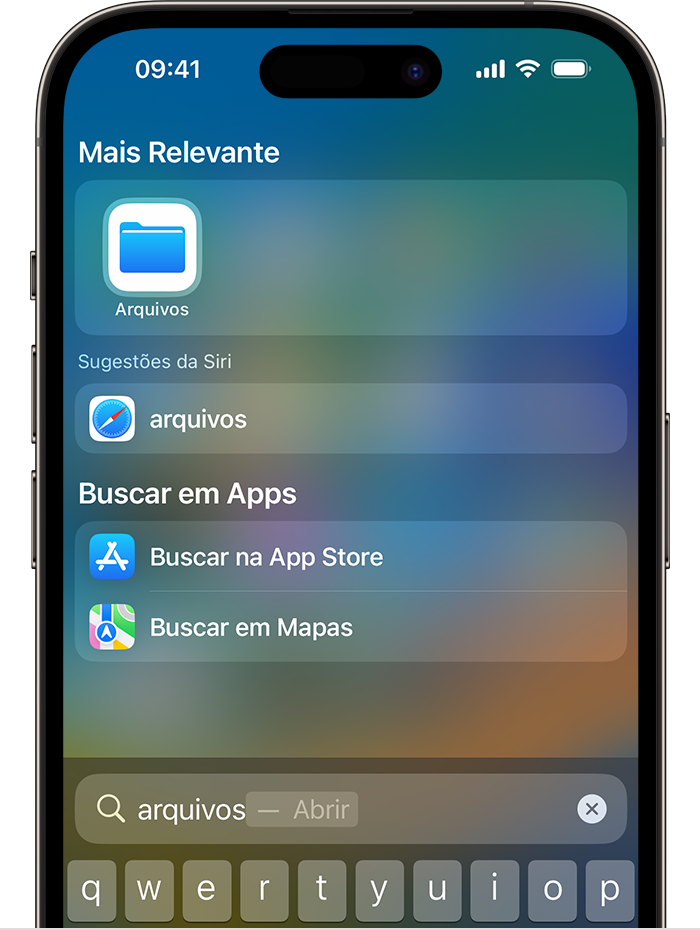 Imagem da Busca em um iPhone. O ícone do app Arquivos está em Mais Relevante na parte superior da tela.