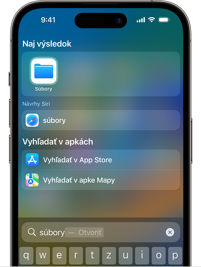 Obrázok vyhľadávania na iPhone. Ikona apky Súbory je zobrazená v časti Naj výsledok v hornej časti obrazovky. 