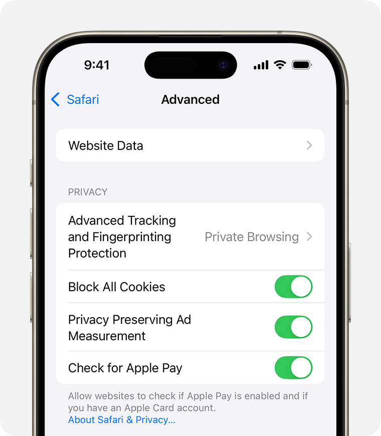 An iPhone displaying the Safari settings. The Block All Cookies toggle is turned on.