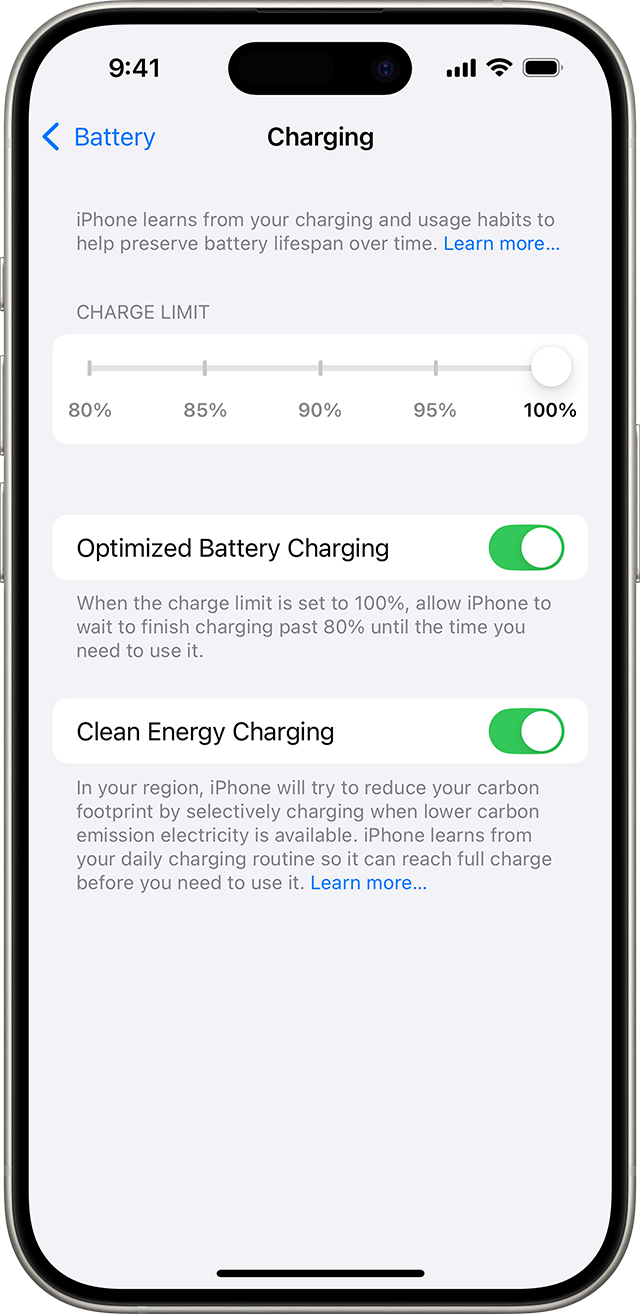 The Charging screen, with a slider for charge-limit options