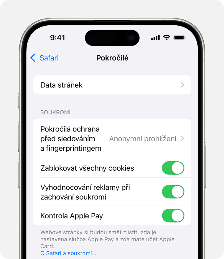 iPhone se zobrazenými nastaveními Safari. Přepínač Zablokovat všechny cookies je zapnutý.