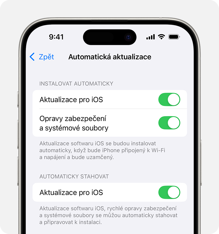 Obrazovka Automatické aktualizace na iPhonu