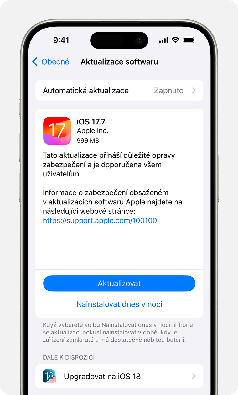 Obrazovka Aktualizace softwaru na iPhonu. Je vybraná možnost Aktualizovat.