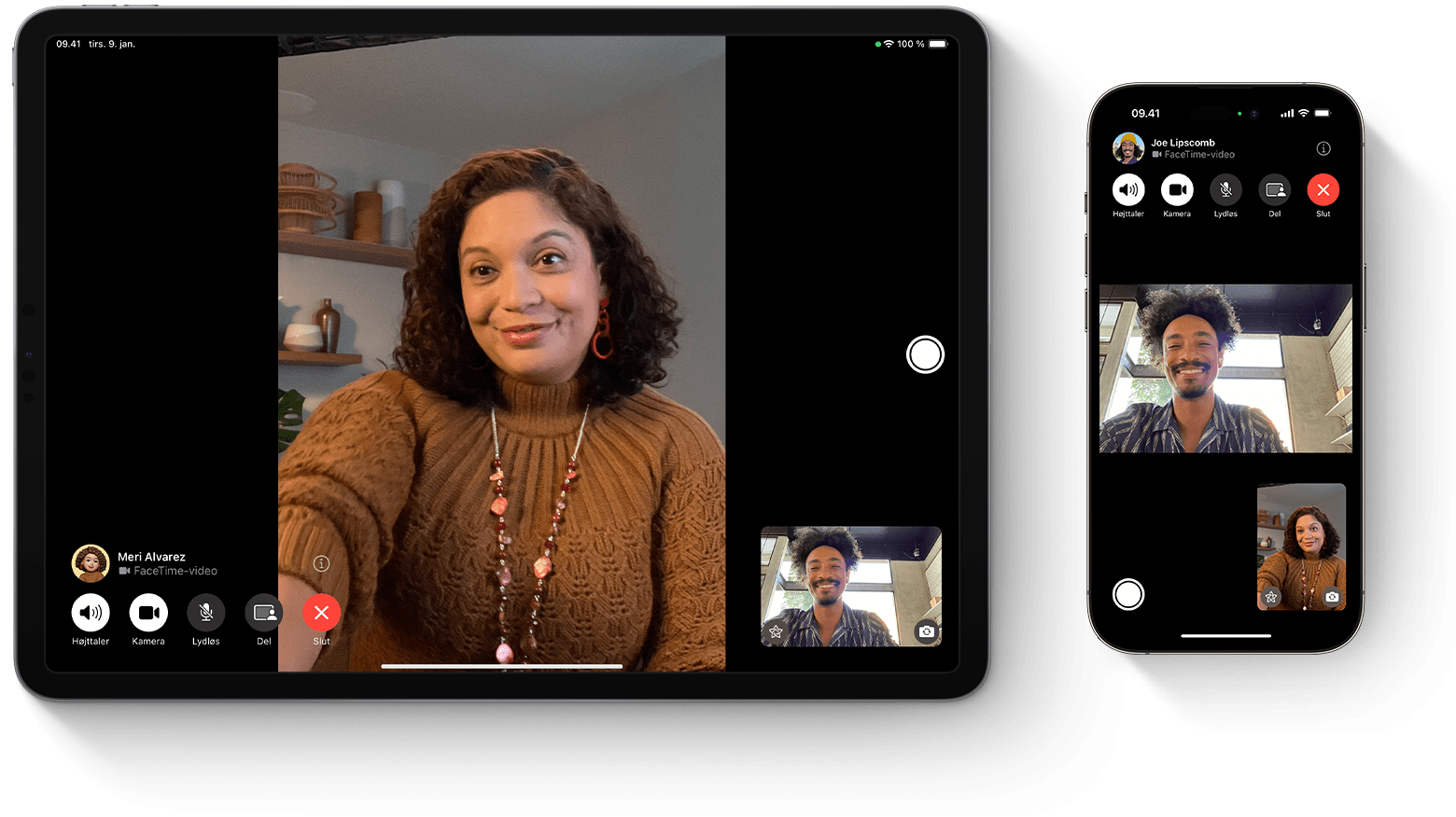 En iPad og en iPhone, der viser FaceTime-opkald, hvor deltagerne taler med hinanden via video.