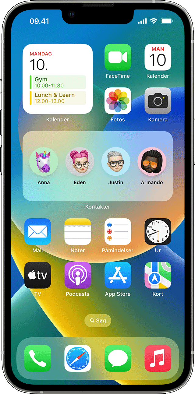 En iPhone, der viser widgets til vejr- og kalenderbegivenheder