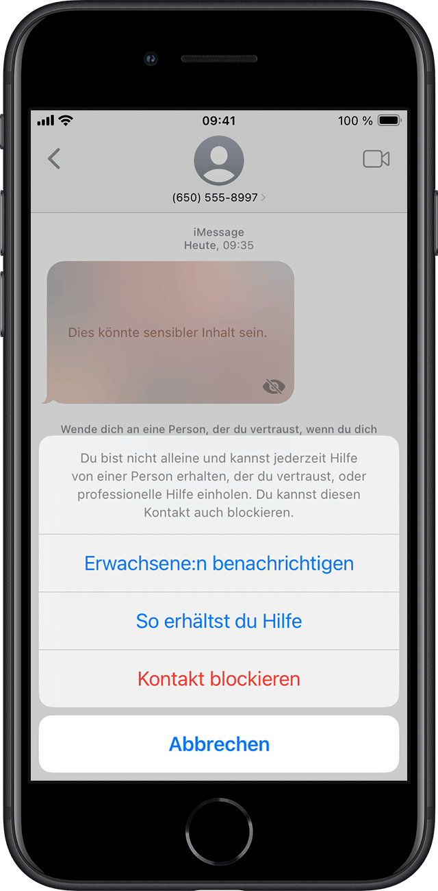 Wenn dein Kind ein Bild oder Video erhält, das offenbar Nacktheit enthält, wird die Nachricht von der Kommunikationssicherheit unkenntlich gemacht und Hilfe angeboten.