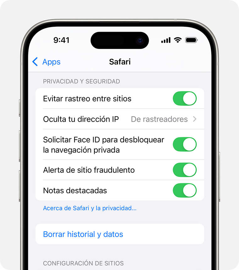 Un iPhone en el que se muestra la configuración de Safari. En la parte inferior de la sección Privacidad y seguridad, hay un botón para borrar el historial y los datos del sitio web.