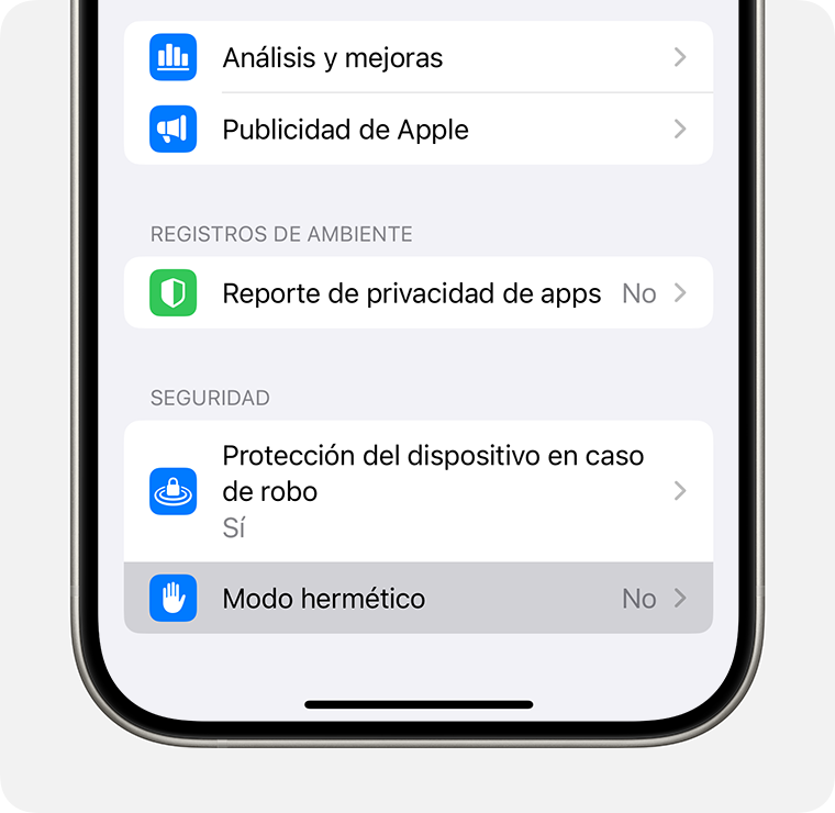 En la configuración de Privacidad y seguridad del iPhone, activa Modo hermético.