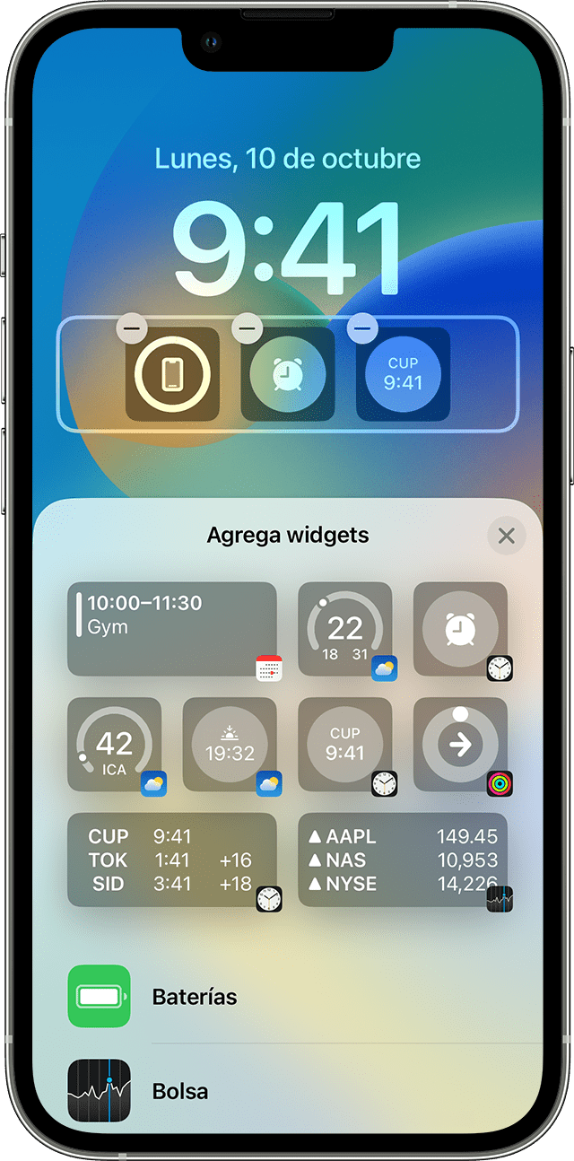 Pantalla de iPhone en la que se muestra cómo agregar widgets a la pantalla de bloqueo