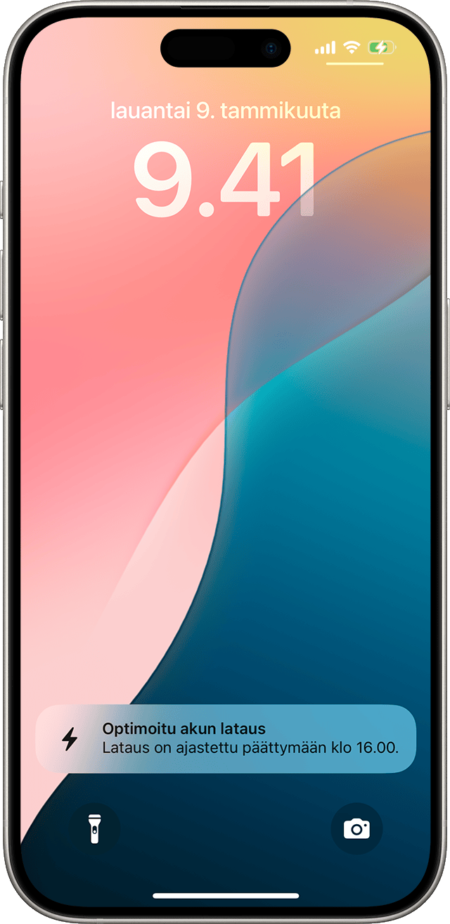 iPhone-lukitusnäyttö, jossa on optimoidun akun latauksen ilmoitus