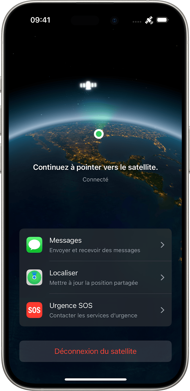 Assistant de connexion sur iPhone, connecté à un satellite. Les boutons permettant d’envoyer et de recevoir des messages, d’utiliser l’app Localiser, d’envoyer une demande d’assistance routière et de contacter les services d’urgence sont répertoriés dans l’app.