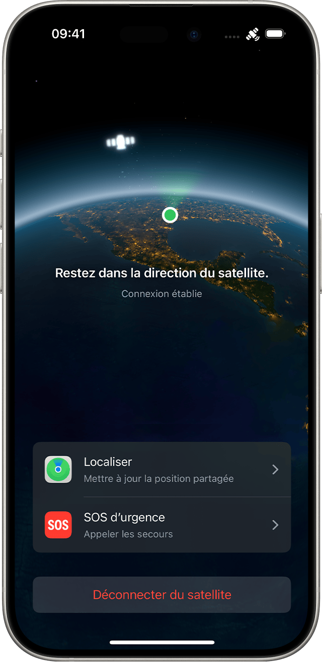 L’Assistant de connexion sur iPhone, connecté à un satellite. Les boutons pour envoyer et recevoir des messages, utiliser Localiser, demander une assistance routière et contacter les secours apparaissent dans l’app.