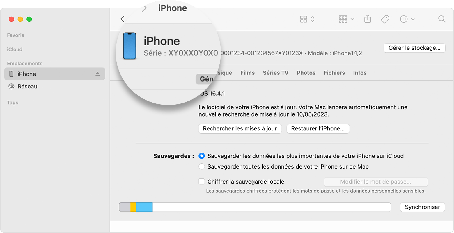 Capture d’écran de la fenêtre du Finder montrant le numéro de série de l’iPhone