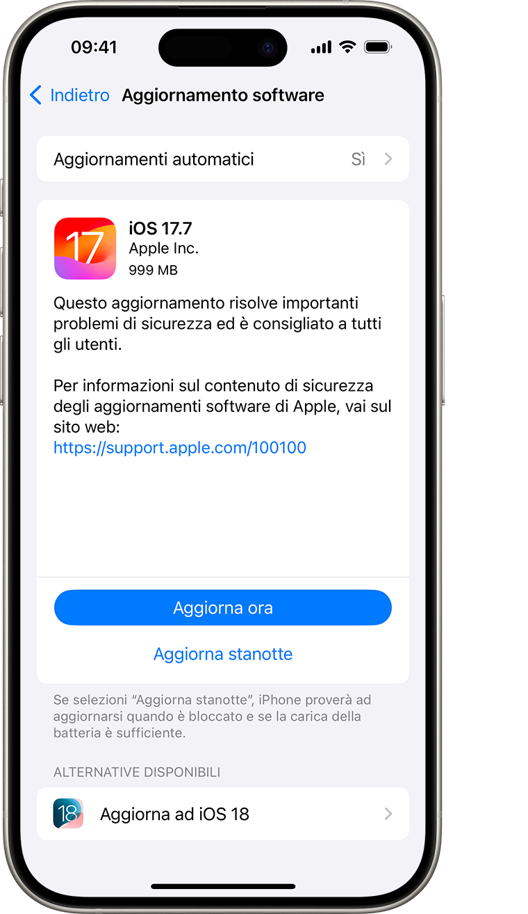 Un iPhone che mostra la schermata Aggiornamento software. L'opzione Aggiorna ora è selezionata.