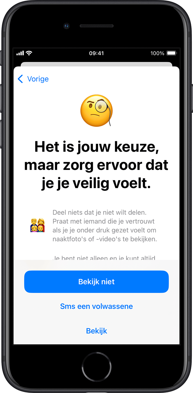 Als je kind ervoor kiest de gevoelige foto of video te sturen, zorgt Communicatieveiligheid ervoor dat ze zich veilig voelen bij hun keuze.