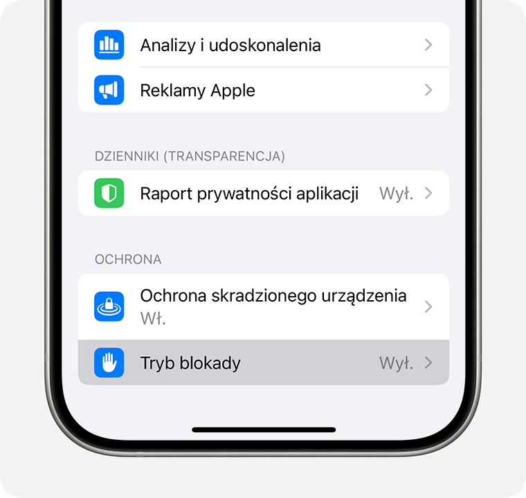 W ustawieniach Prywatność i ochrona na iPhonie włącz tryb blokady.