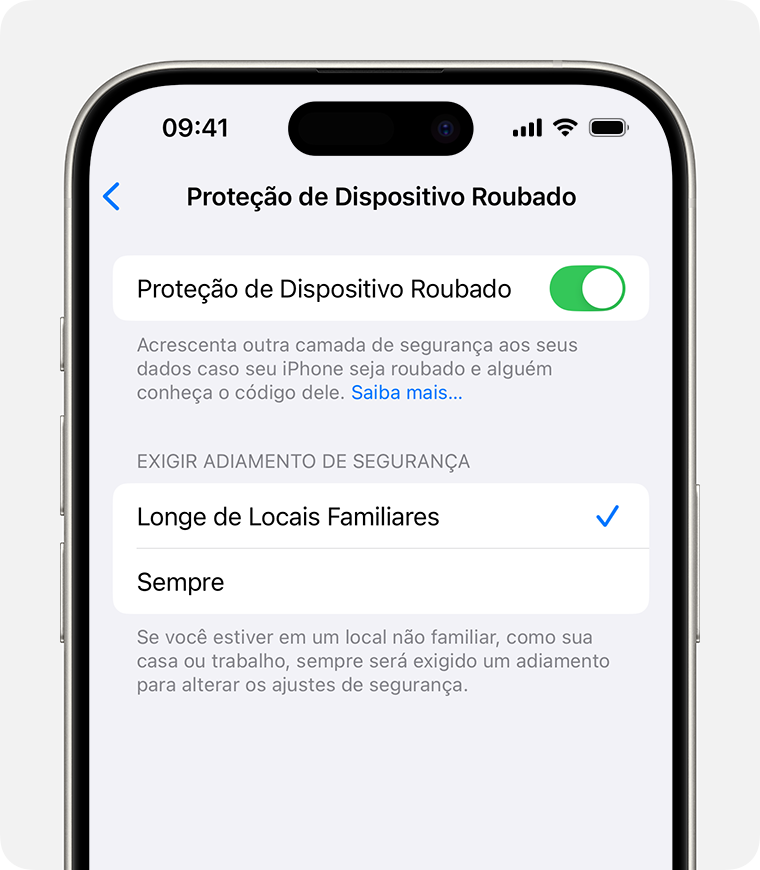 Nos ajustes "Face ID e Código" no iPhone, você pode ativar ou desativar a Proteção de Dispositivo Roubado e escolher quando exigir as medidas de segurança adicionais.