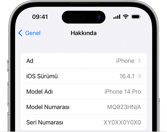 iPhone'daki "Hakkında" ekranı.