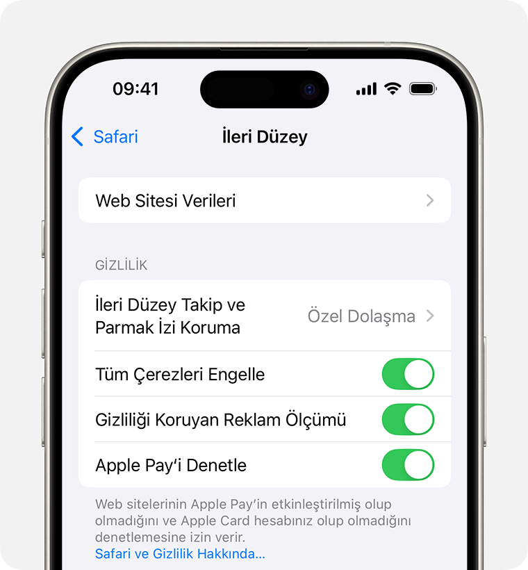 Safari ayarlarının gösterildiği iPhone. Tüm Çerezleri Engelle düğmesi açık.