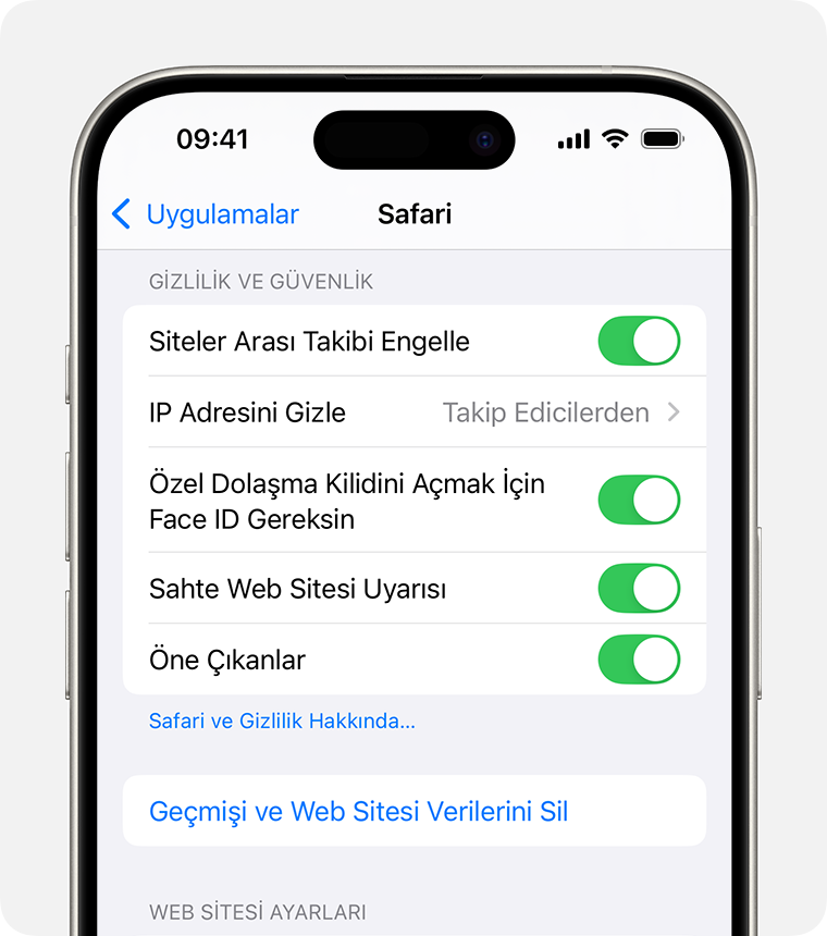 Safari ayarlarının gösterildiği iPhone. Gizlilik ve Güvenlik bölümünün alt kısmında Geçmişi ve Web Sitesi Verilerini Sil düğmesi bulunur.