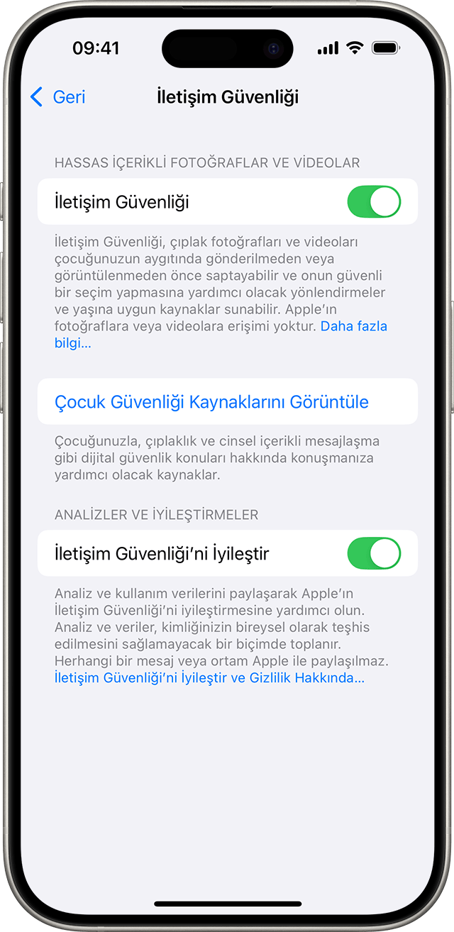 iPhone ayarlarında İletişim Güvenliği'ni açın.