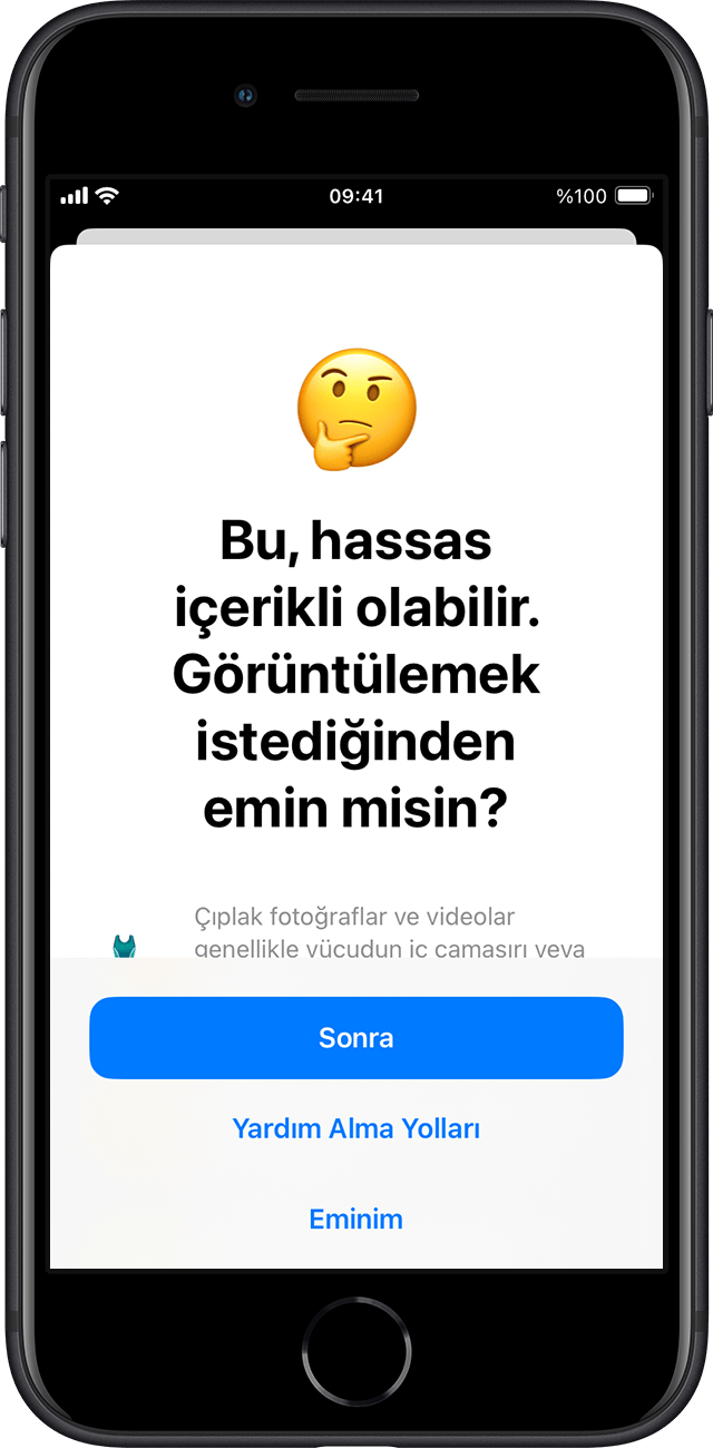 İletişim Güvenliği, çocuğun hassas olabilecek içerikleri görüntülemek isteyip istemediğinden emin olur ve yardım alma yolları sunar.