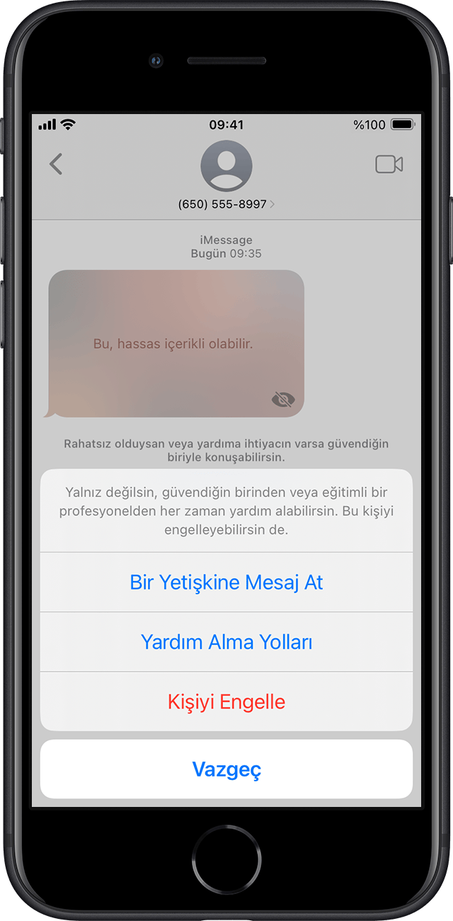 Çocuğunuz çıplaklık içeren bir resim veya video aldığında, İletişim Güvenliği mesajı bulanıklaştırır ve yardım sağlar.